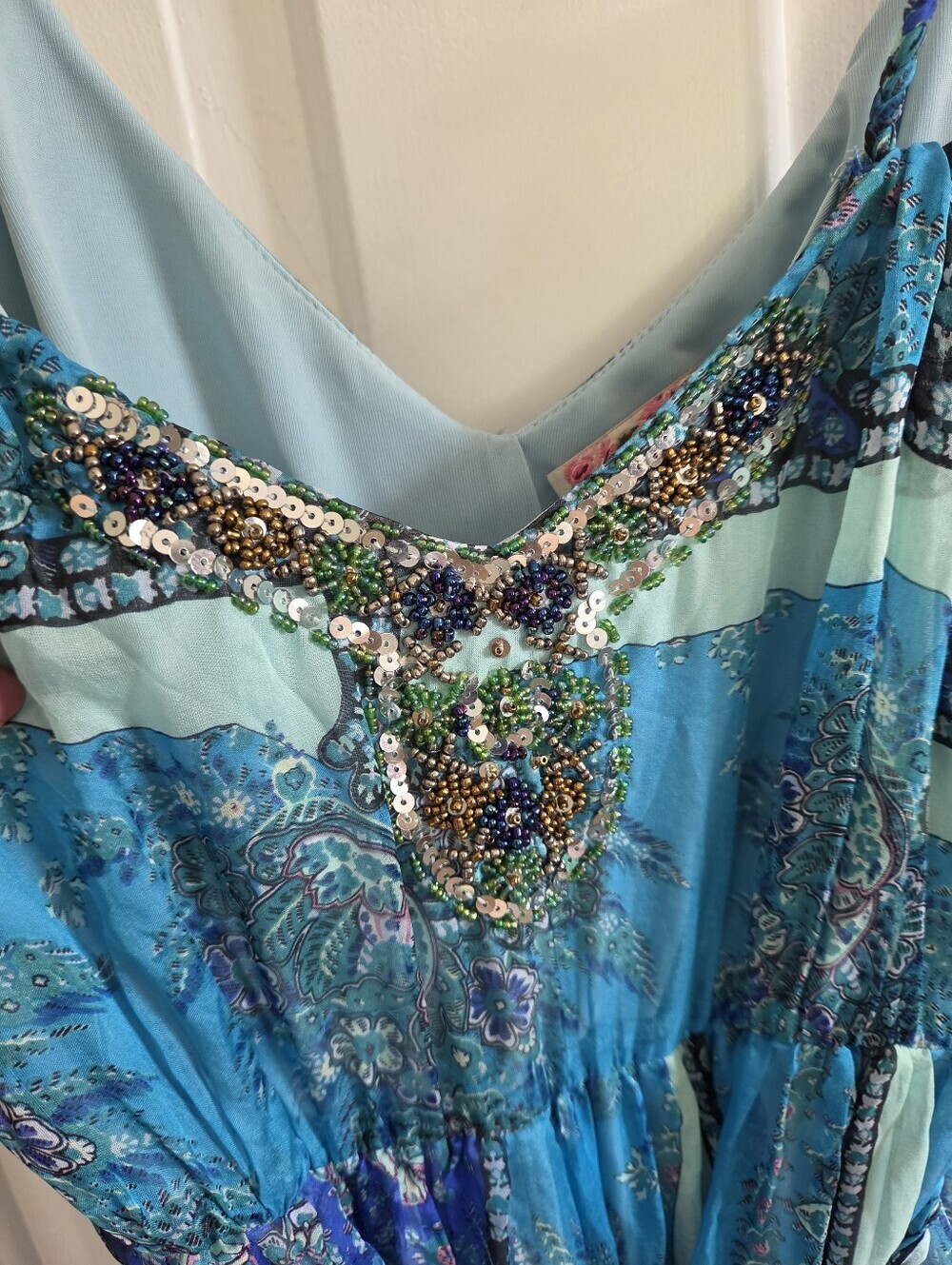 Blue Silk beaded maxi dress gown with waist tie patchwork boho stretch waist 4 - Picture 6 of 16